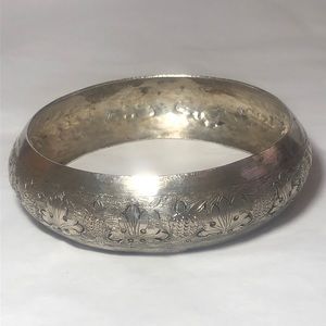 Moroccan Engraved Floral Silver Bangle Bracelet